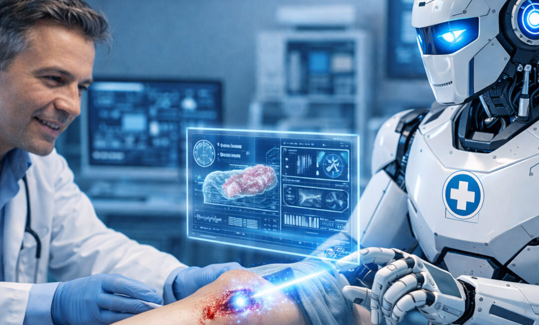 Ein Arzt und ein Roboter bei der gemeinsamen Behandlung eines Patienten. Aus dem Finger des Roboters kommt ein Strahl, ähnlich der Kaltplasma-Behandlung, und zielt direkt auf die Wunde eines Patienten, dessen weiteren Körper im Bild nicht zu sehen ist.