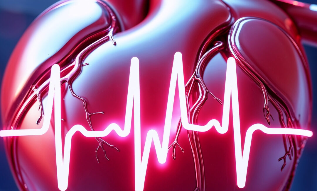 Ausschnitt aus einem stilisierten Herzen. Im Vordergrund eine angedeutete EKG-Kurve.