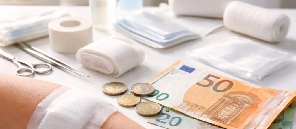 Links unten der Teil eines Arms, mit einem Pflaster versehen. Dahinter und daneben auf dem Tisch: Schere, Pinzette, verschiedene Verbandsmaterialien sowie auch Geld. Zu sehen ist ein 50 €-Schein, darunter liegend ein 20 €-Schein sowie ein wenig Kleingeld.