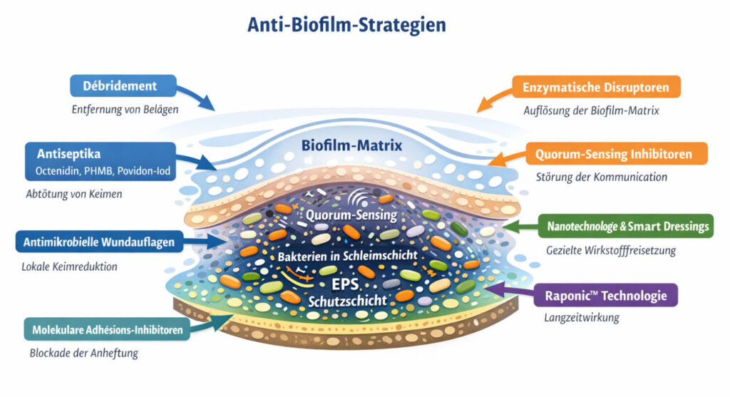 Schematische Darstellung eines Wund-Biofilms mit Bakterien. Farbige Pfeile zeigen, wo Anti-Biofilm-Strategien wie Débridement, antiseptische Mittel, enzymatische Disruptoren, Nanodressings, Raponic™ und Adhäsions-Inhibitoren wirken. Für medizinisches Fachpersonal didaktisch aufbereitet.