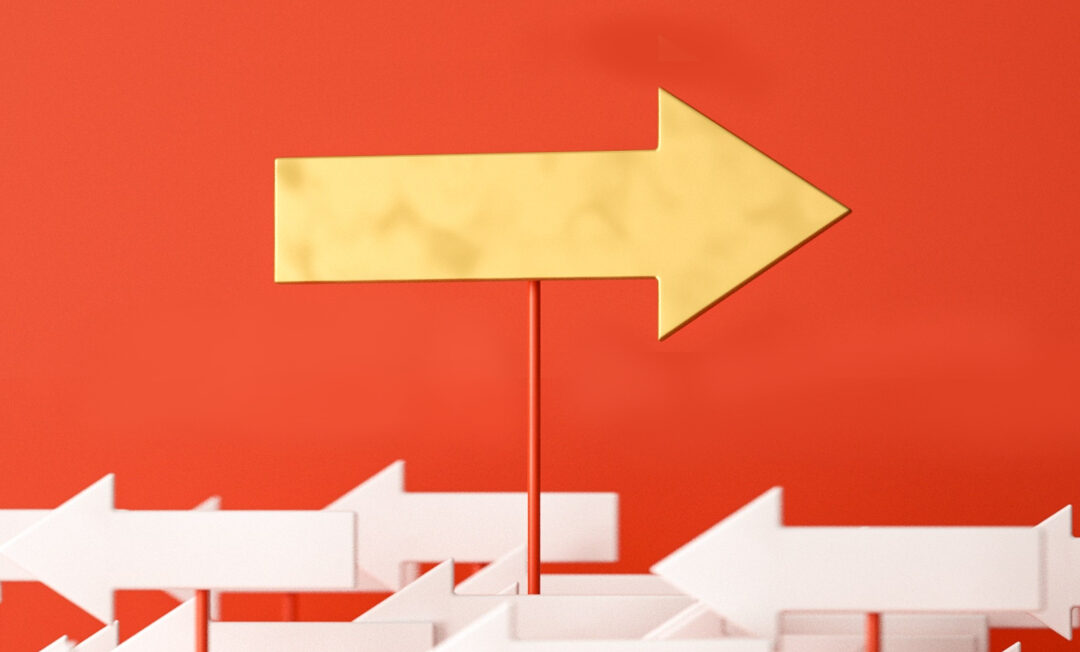 Ein großer Pfeil, der nach rechts zeigt, auf einem Stab. Unten im Bild: eine Schar kleinerer weißer Pfeile, die nach links zeigen.