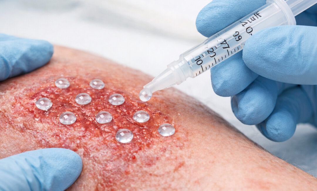 Eine KI-generirierte Grafik: Behandschuhte Hände postionieren mit einer Spritze klare Geltropfen auf einer Wunde. Gel