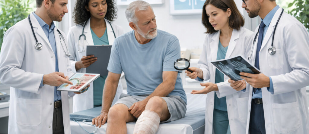 KI-generiertes Foto: 1 älterer, aber nicht gebrechlicher Patient siitzt auf einer Behandlungsliege. Um ihn herum stehen 2 männliche und 2 weibliche Ärzte, mit unterschiedlichen dingen in der Hand, u. a. einer Lupe.