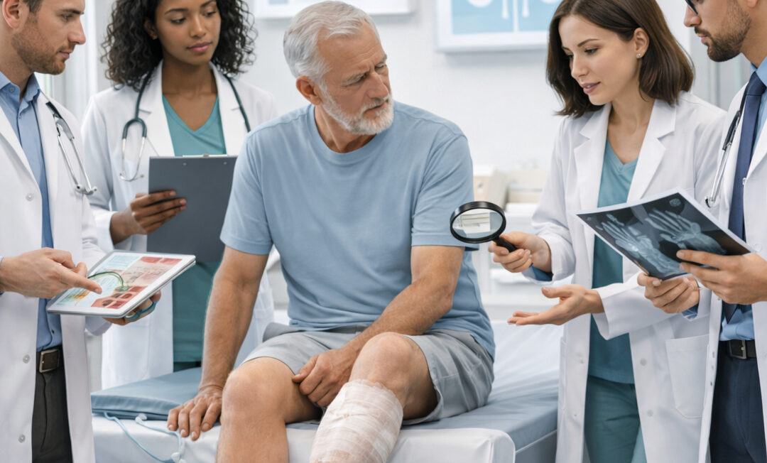 KI-generiertes Foto: 1 älterer, aber nicht gebrechlicher Patient siitzt auf einer Behandlungsliege. Um ihn herum stehen 2 männliche und 2 weibliche Ärzte, mit unterschiedlichen dingen in der Hand, u. a. einer Lupe.