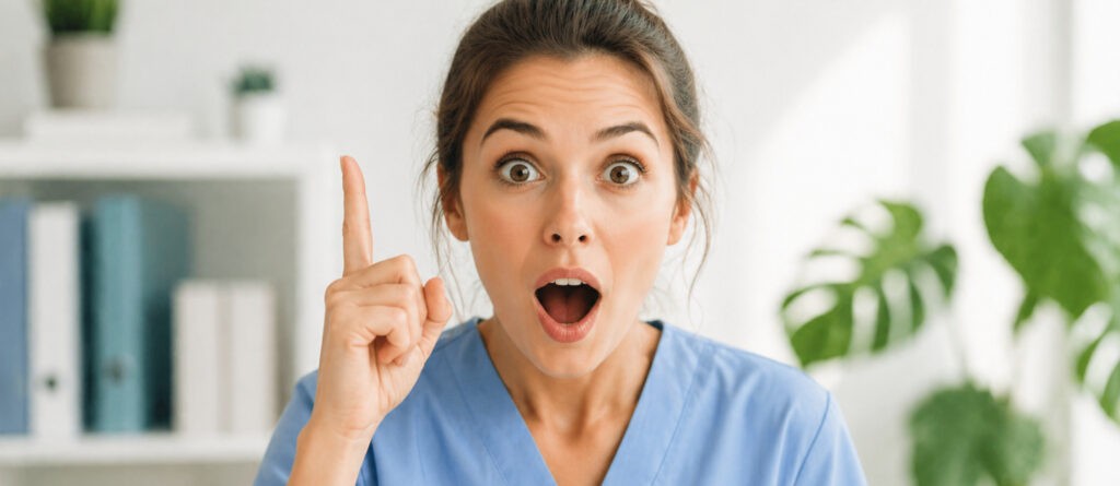 Eine Frau - ggf. MFA oder Krankenschwester - zeigt einen erstaunten Gesichtsausdruck und erhebt den Zeigefinger.