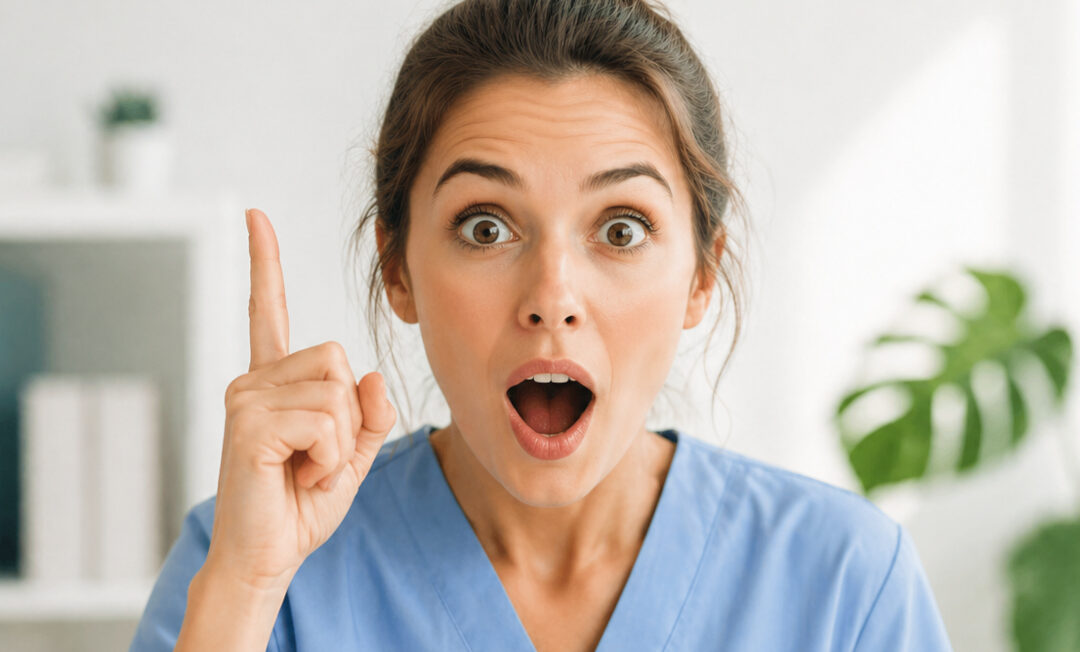 Eine Frau - ggf. MFA oder Krankenschwester - zeigt einen erstaunten Gesichtsausdruck und erhebt den Zeigefinger.
