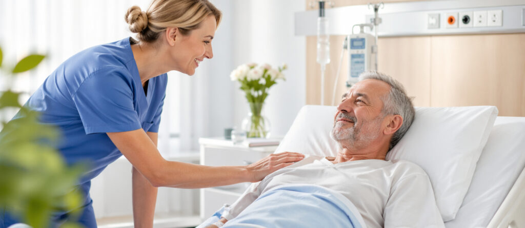 Ein Mann im mittleren Alter liegt im Krankenhausbett. Eine Pflegekraft beugt sich über ihn und legt ihm die Hand auf die Brust. Beide lächeln sich an. Im Hintergrund steht eine Vase mit Blumen auf dem Nachttisch.