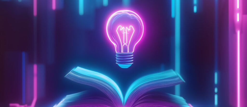 Offenes Buch mit leuchtender Glühbirne als digitales Symbol für Wissen