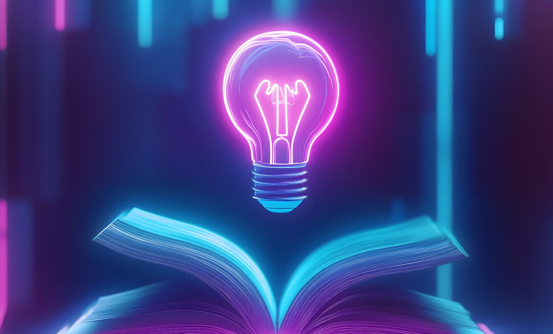 Offenes Buch mit leuchtender Glühbirne als digitales Symbol für Wissen
